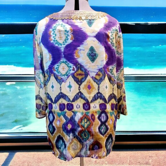 Chico’s Purple/Yellow Sheer gold embellished Tunic & Shell Sz 4/2XL/20 - Picture 4 of 11